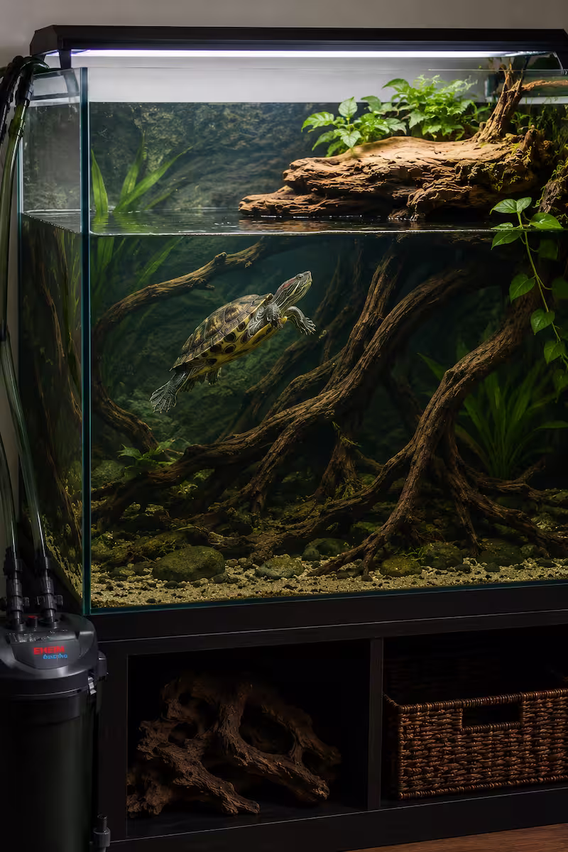 Wasserschildkröte schwimmt in einem tiefen Aquarium mit Wurzeln und stabilem Landteil