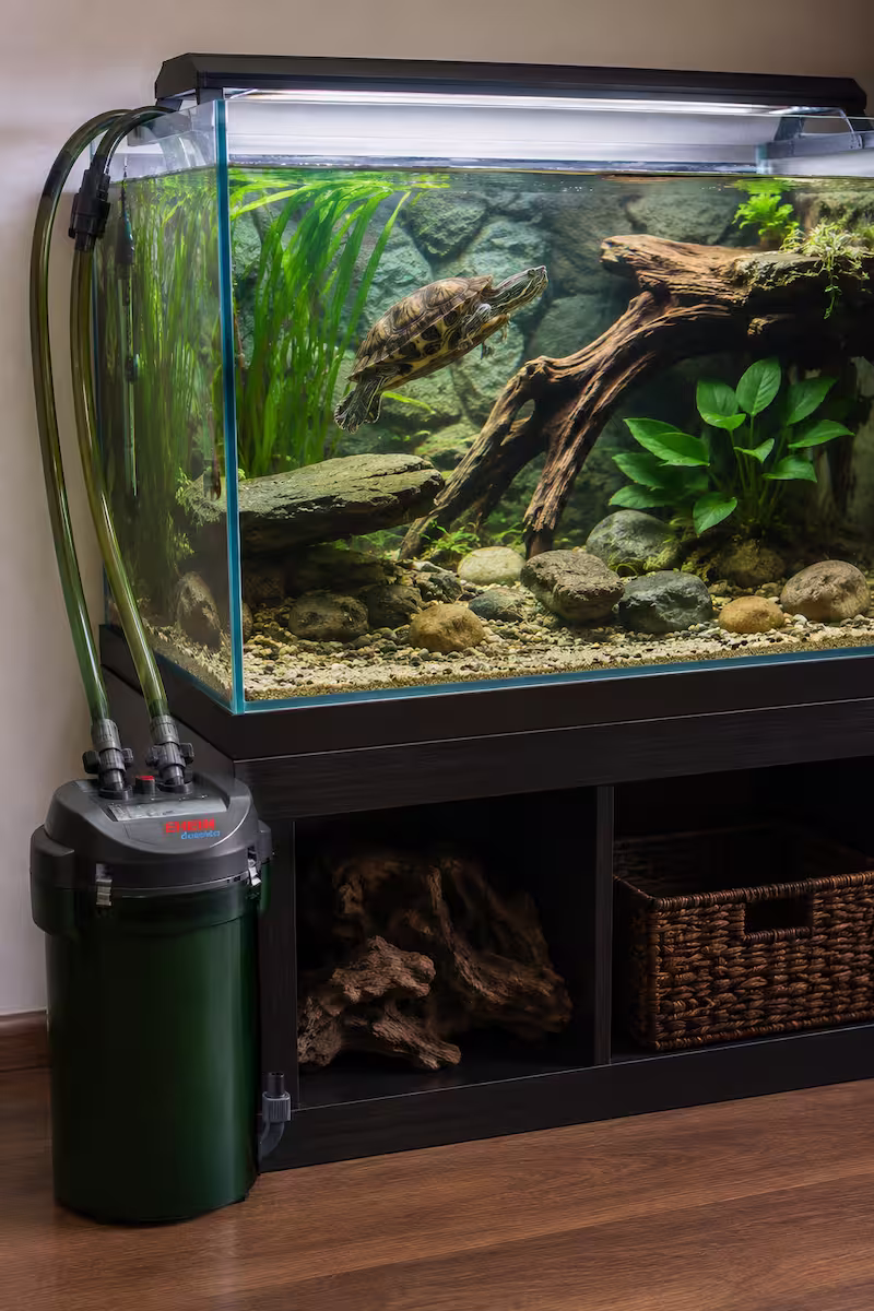 Außenfilter angeschlossen neben einem Wasserschildkröten Aquarium, klares Wasser, natürliche Einrichtung
