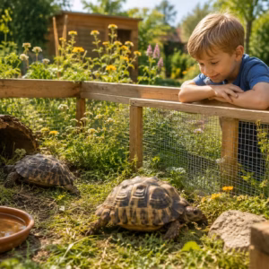 Außengehege für Landschildkröten im Sommer mit zwei Schildkröten in naturnah gestaltetem Gartenbereich, Holzgehege, Schattenplatz und Wasserstelle unter warmem Sonnenlicht
