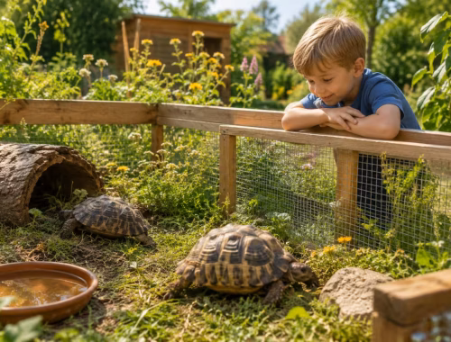Außengehege für Landschildkröten im Sommer mit zwei Schildkröten in naturnah gestaltetem Gartenbereich, Holzgehege, Schattenplatz und Wasserstelle unter warmem Sonnenlicht
