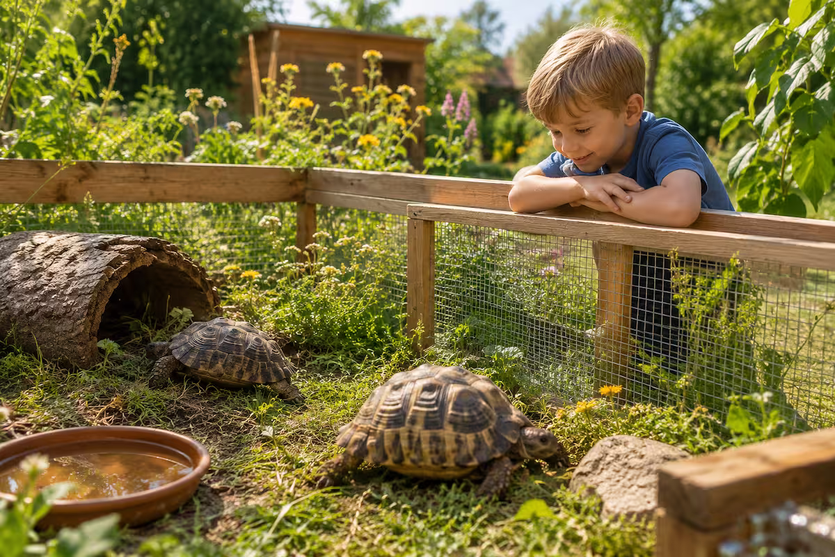Außengehege für Landschildkröten im Sommer mit zwei Schildkröten in naturnah gestaltetem Gartenbereich, Holzgehege, Schattenplatz und Wasserstelle unter warmem Sonnenlicht
