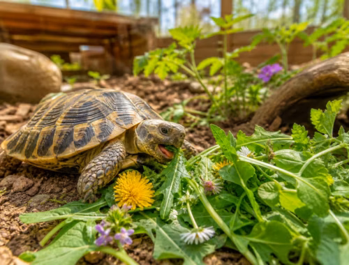 Landschildkröte frisst frische Wildkräuter im Garten im Frühling – natürliches Futter für Landschildkröten in artgerechter Haltung