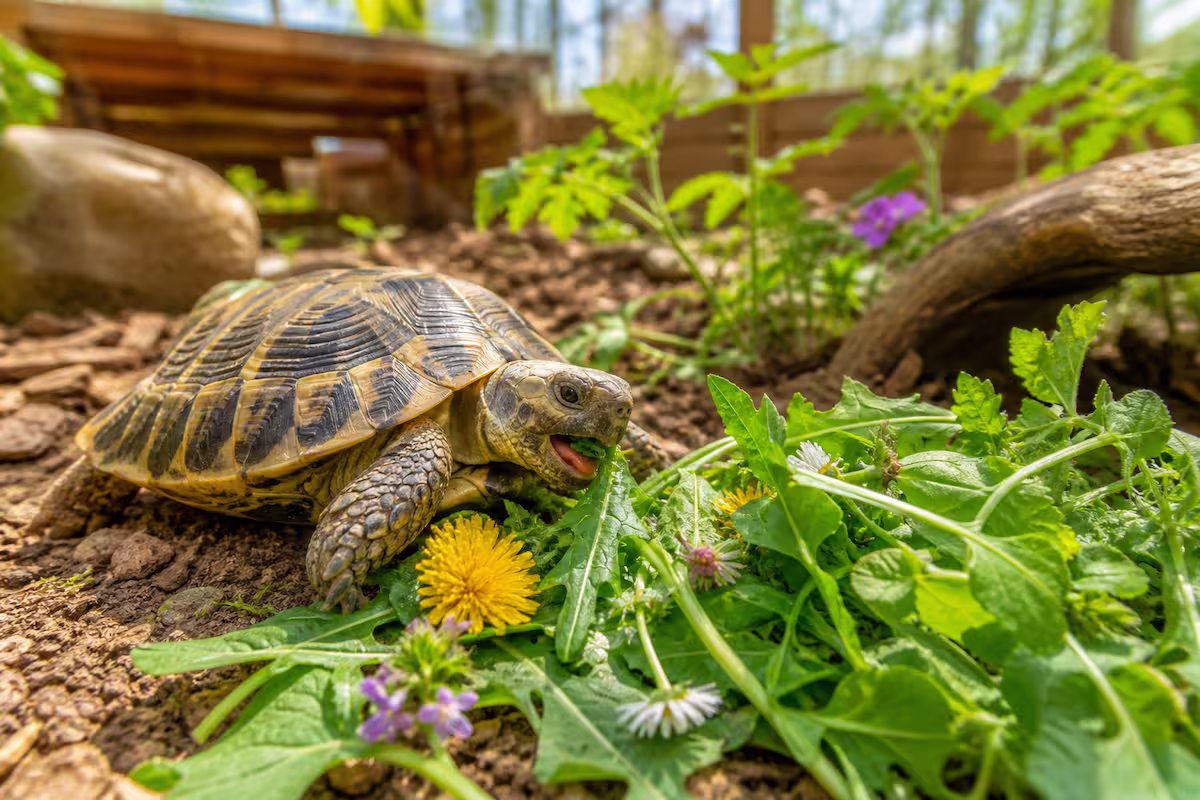 Landschildkröte frisst frische Wildkräuter im Garten im Frühling – natürliches Futter für Landschildkröten in artgerechter Haltung