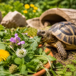 Schildkröte frisst frische Wildkräuter im naturnahen Gehege, typische Futterpflanzen für Schildkröten wie Löwenzahn, Klee und Blüten im Vordergrund
