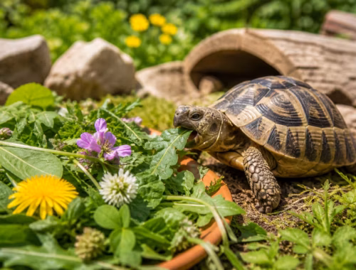 Schildkröte frisst frische Wildkräuter im naturnahen Gehege, typische Futterpflanzen für Schildkröten wie Löwenzahn, Klee und Blüten im Vordergrund