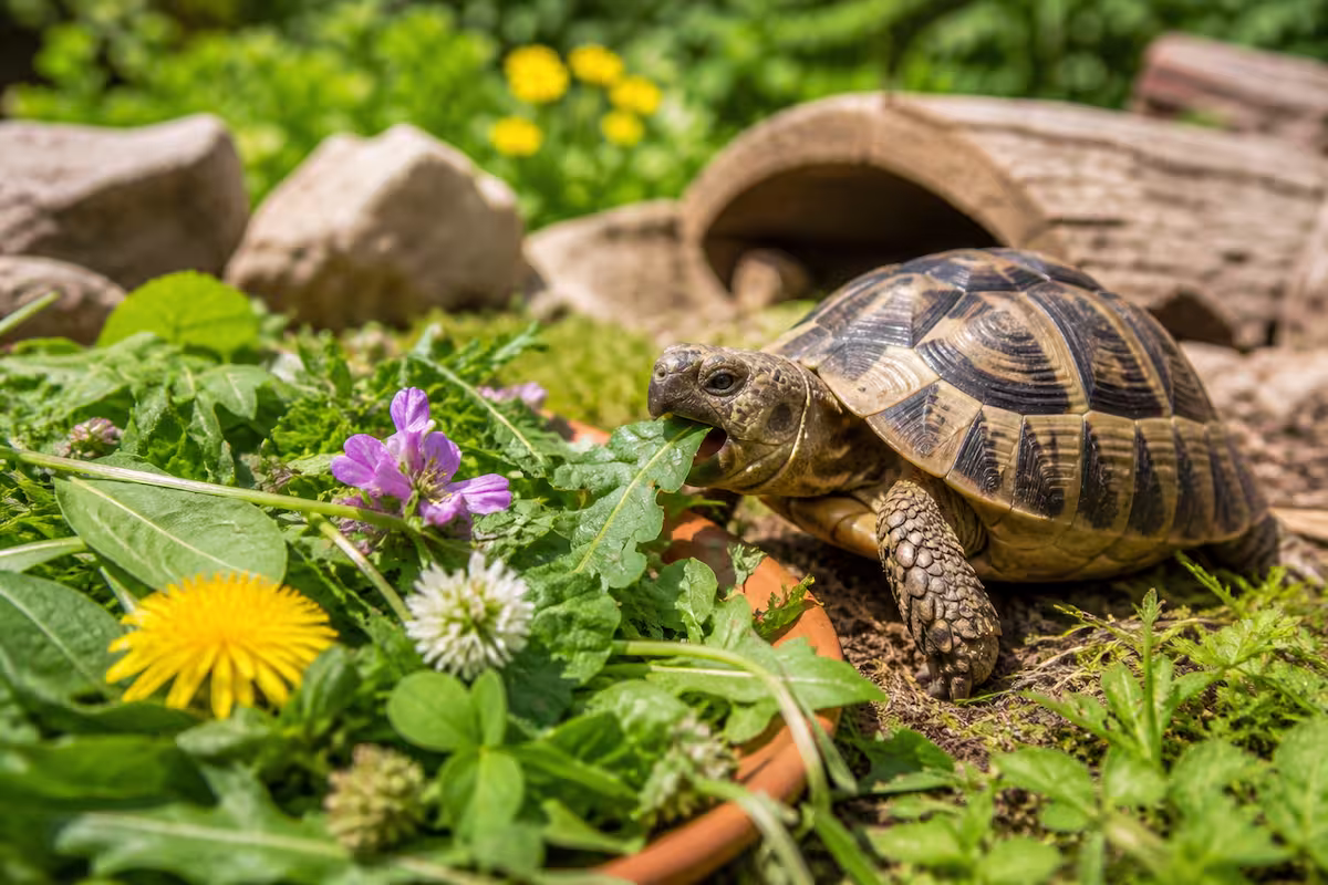 Schildkröte frisst frische Wildkräuter im naturnahen Gehege, typische Futterpflanzen für Schildkröten wie Löwenzahn, Klee und Blüten im Vordergrund