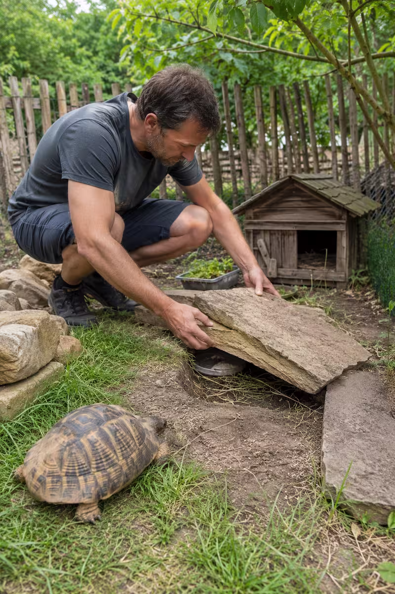 reale Szene, Halter prüft Steinplatten und Versteck im Schildkrötengehege, Schildkröte in der Nähe, natürliche Gartensituation