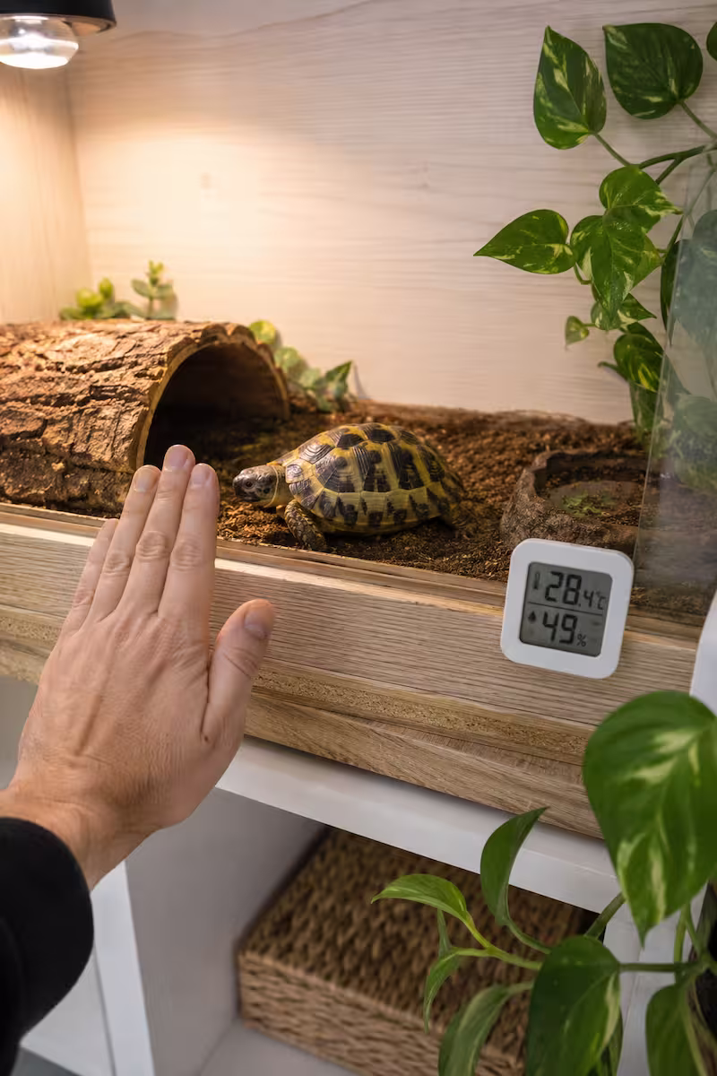 Halterhand hält Abstand, Schildkröte im Gehege wird beobachtet, daneben Thermometer und Pflanzen