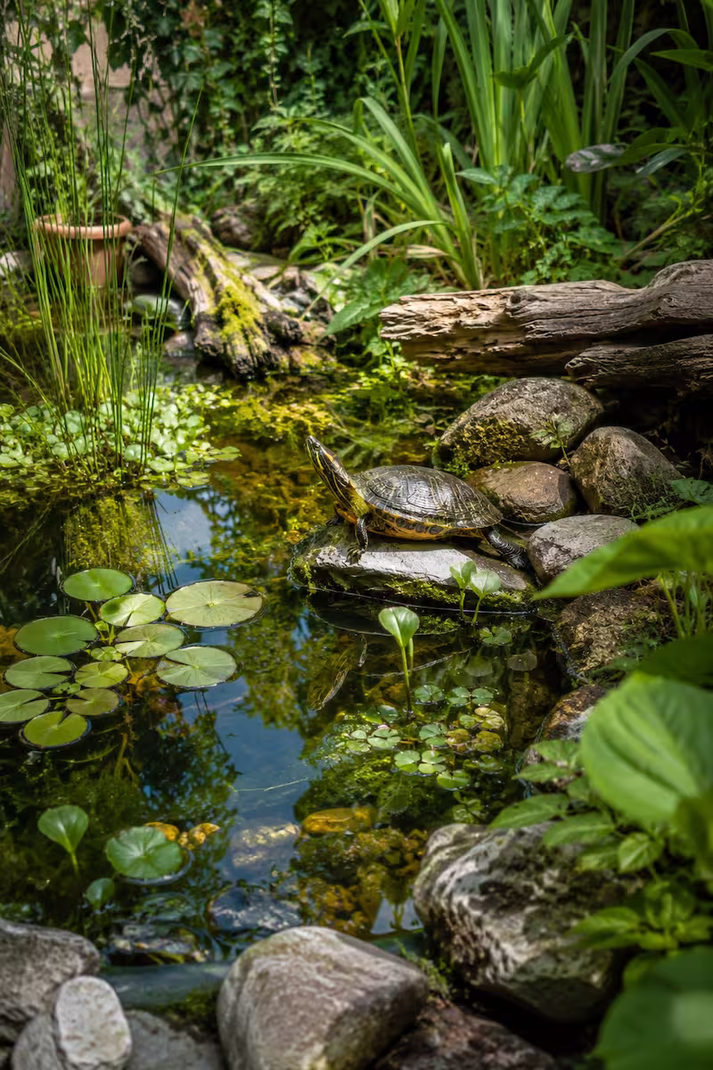 Mini-Teich mit Wasserschildkröte natürlich gestalteter Mini-Teich mit Wasserpflanzen, Landteil und Wasserschildkröte
