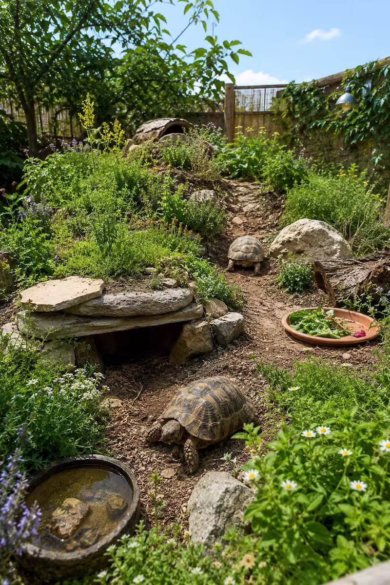 Naturnahes Schildkrötengehege mit Kräutern, Steinen und kleinen Hügeln