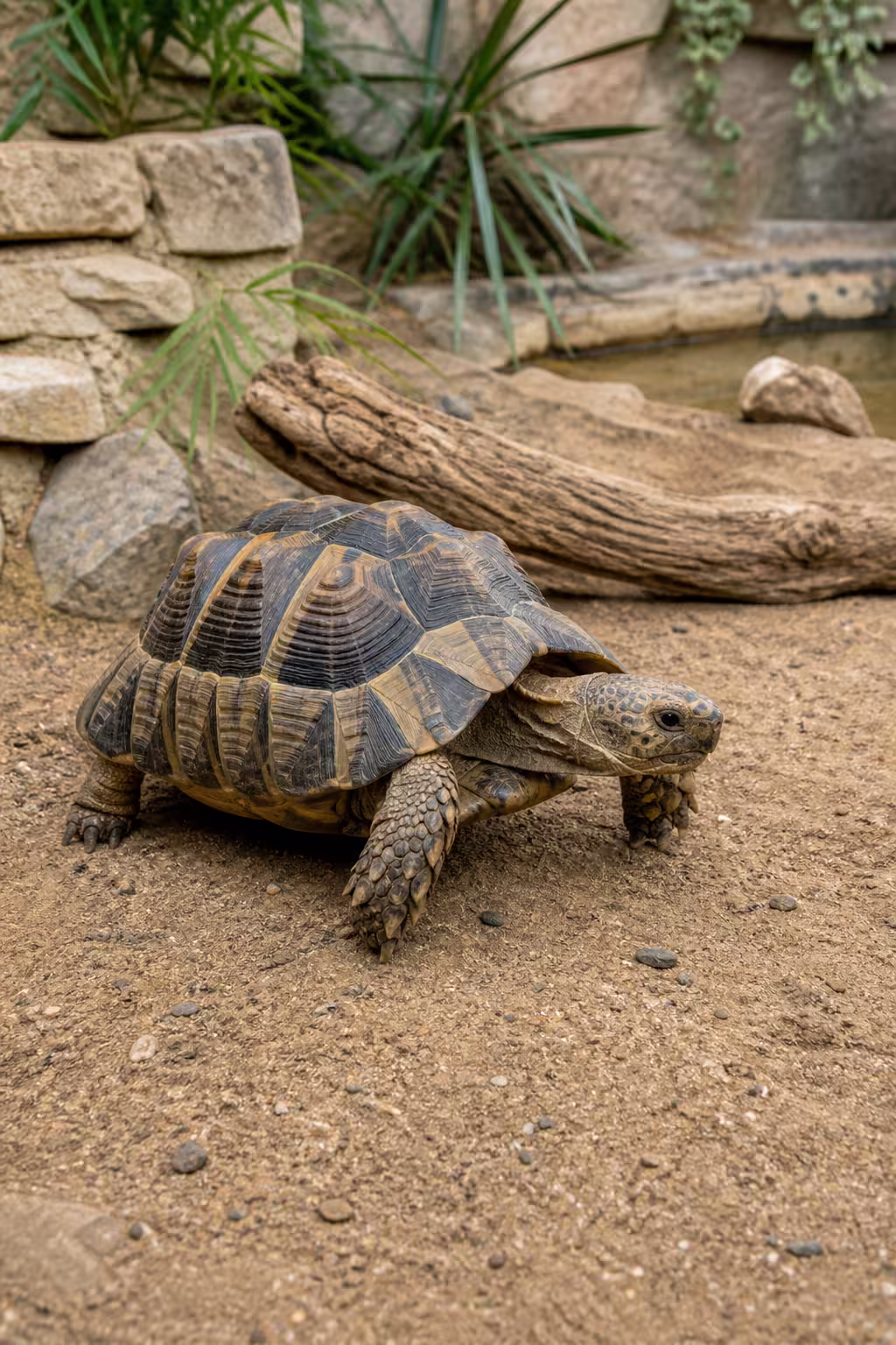 Schildkröte bewegt sich im Gehege, frisst aber nicht sichtbar