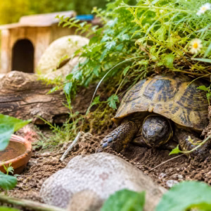 Schildkröte eingraben im naturnahen Außengehege mit Erde, Pflanzen und schattigem Rückzugsplatz im Sommer