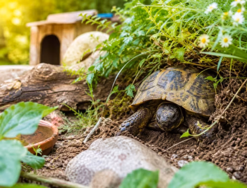 Schildkröte eingraben im naturnahen Außengehege mit Erde, Pflanzen und schattigem Rückzugsplatz im Sommer