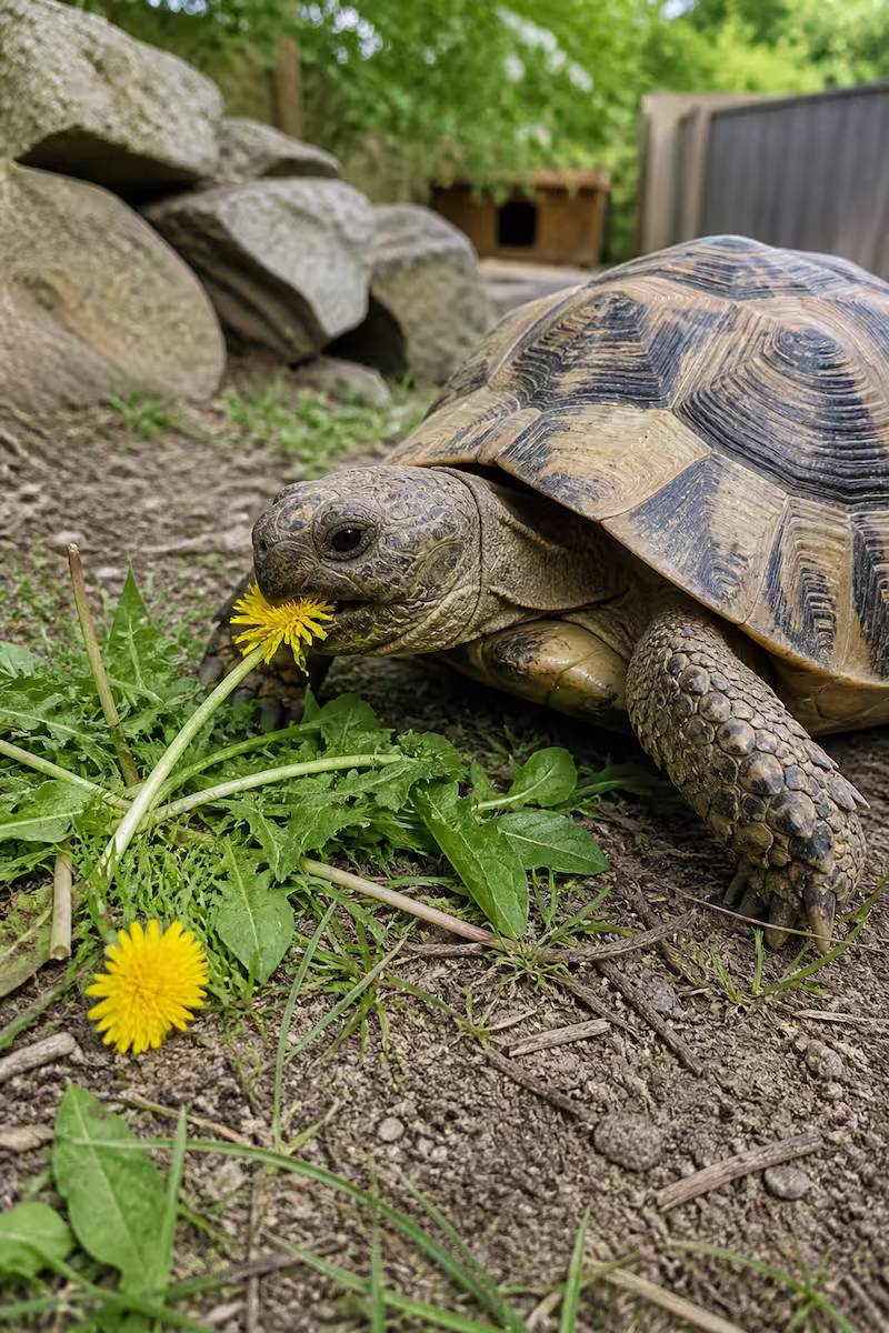 Schildkröte frisst Löwenzahn im Gehege, natürliche Haltung