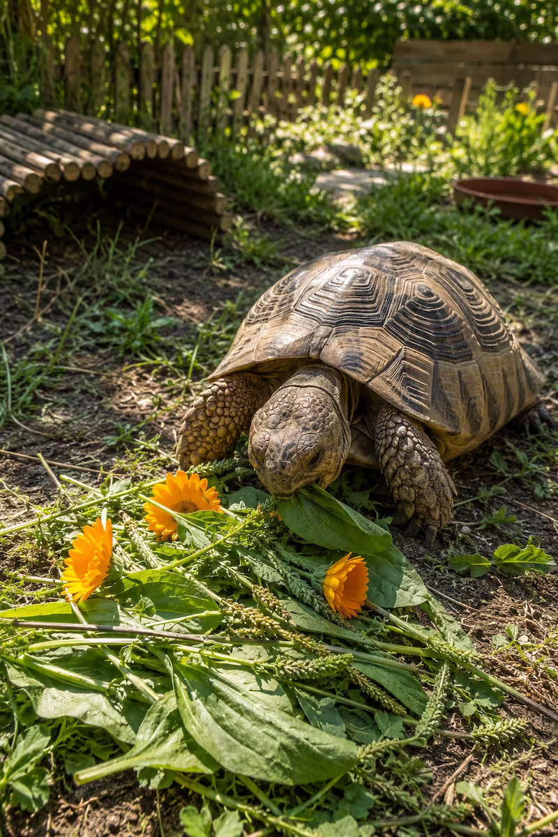 Schildkröte frisst Ringelblumen und Wegerich im sommerlichen Außengehege