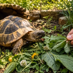 Schildkröten Futterpflanzen wie Löwenzahn, Wegerich und Klee im naturnahen Außengehege, während eine Schildkröte frische Blätter frisst.