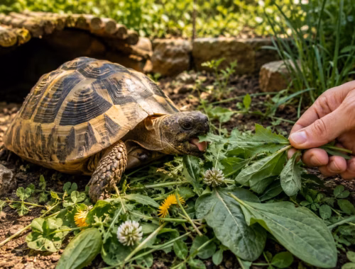 Schildkröten Futterpflanzen wie Löwenzahn, Wegerich und Klee im naturnahen Außengehege, während eine Schildkröte frische Blätter frisst.