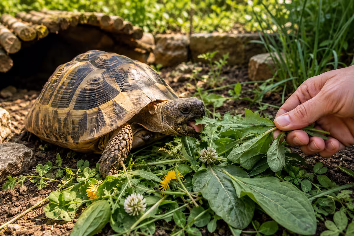 Schildkröten Futterpflanzen wie Löwenzahn, Wegerich und Klee im naturnahen Außengehege, während eine Schildkröte frische Blätter frisst.