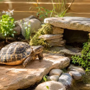 Schildkröten Sonnenplatz mit Versteck aus Natursteinen und Pflanzen in einem naturnah gestalteten Außengehege, während eine Landschildkröte auf einer warmen Steinplatte sonnt.