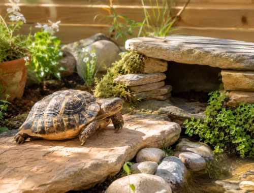 Schildkröten Sonnenplatz mit Versteck aus Natursteinen und Pflanzen in einem naturnah gestalteten Außengehege, während eine Landschildkröte auf einer warmen Steinplatte sonnt.