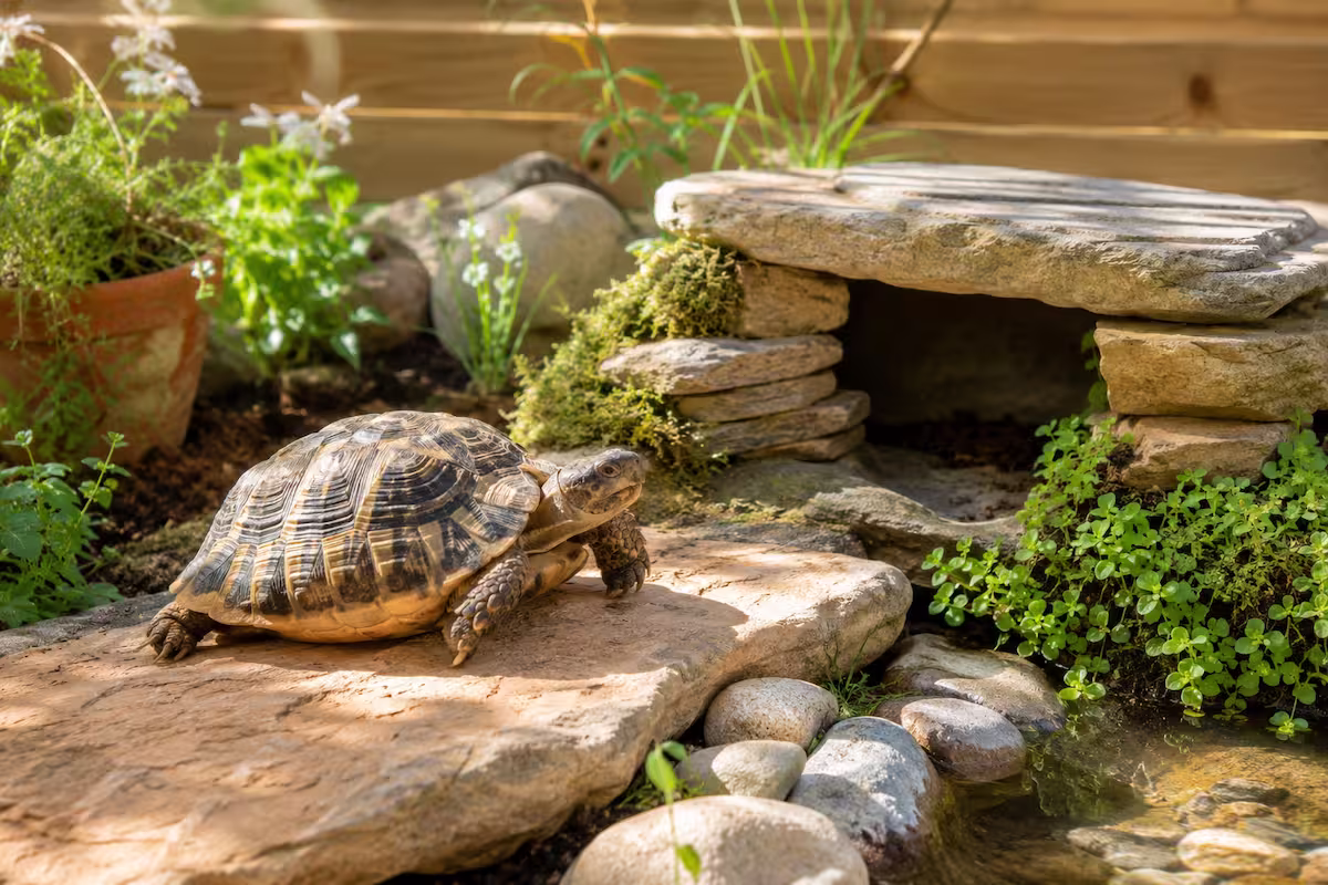 Schildkröten Sonnenplatz mit Versteck aus Natursteinen und Pflanzen in einem naturnah gestalteten Außengehege, während eine Landschildkröte auf einer warmen Steinplatte sonnt.