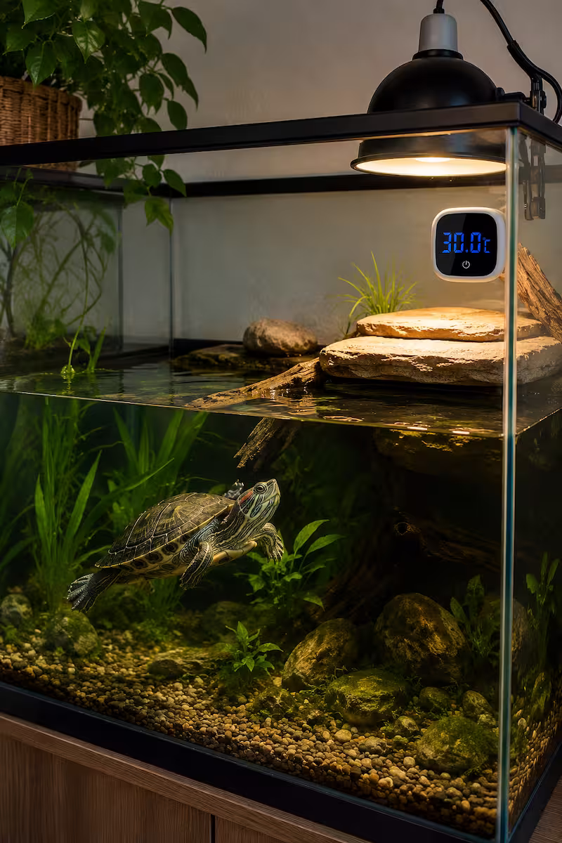 Schildkrötenaquarium mit sichtbar angebrachtem Thermometer und Sonnenplatz