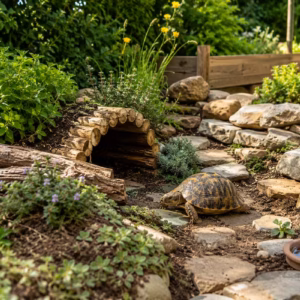 Natürlich gestaltetes Schildkrötengehege mit Steinen, Holz, Pflanzen und Versteck im Garten – praktische Ideen zum Schildkrötengehege gestalten