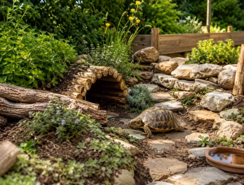 Natürlich gestaltetes Schildkrötengehege mit Steinen, Holz, Pflanzen und Versteck im Garten – praktische Ideen zum Schildkrötengehege gestalten