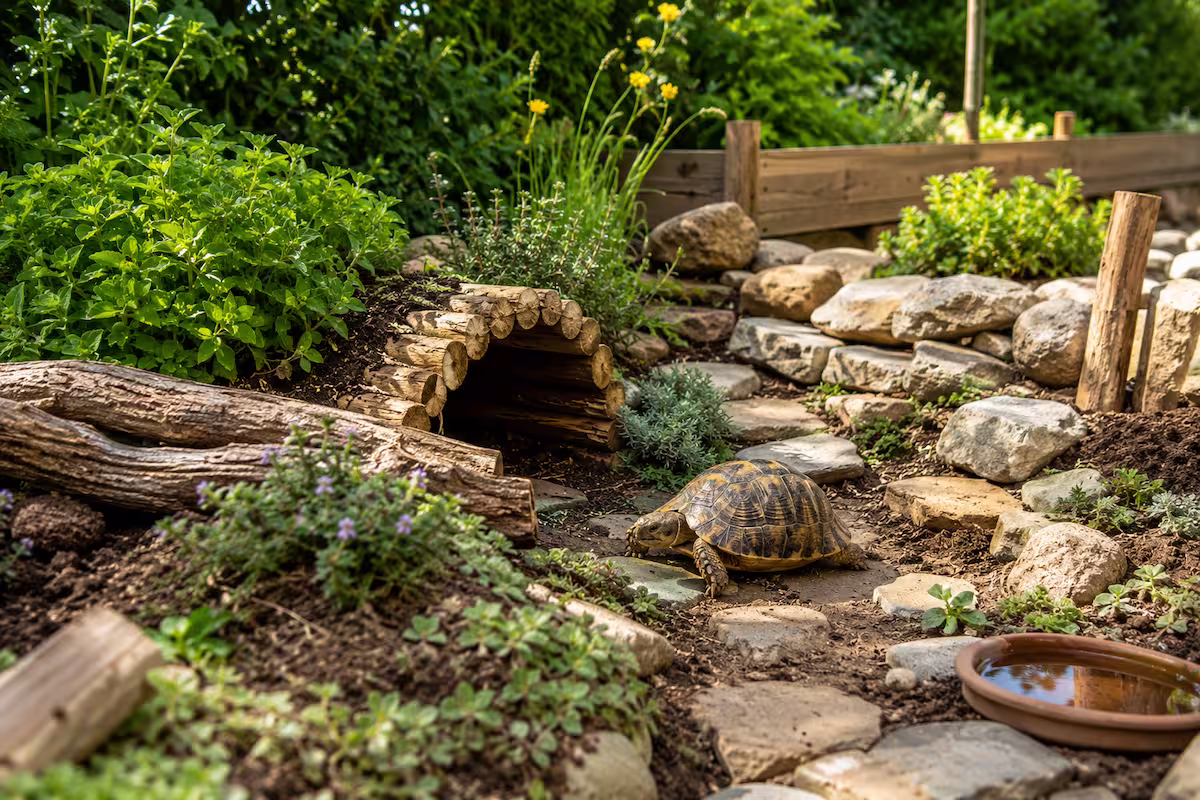 Natürlich gestaltetes Schildkrötengehege mit Steinen, Holz, Pflanzen und Versteck im Garten – praktische Ideen zum Schildkrötengehege gestalten