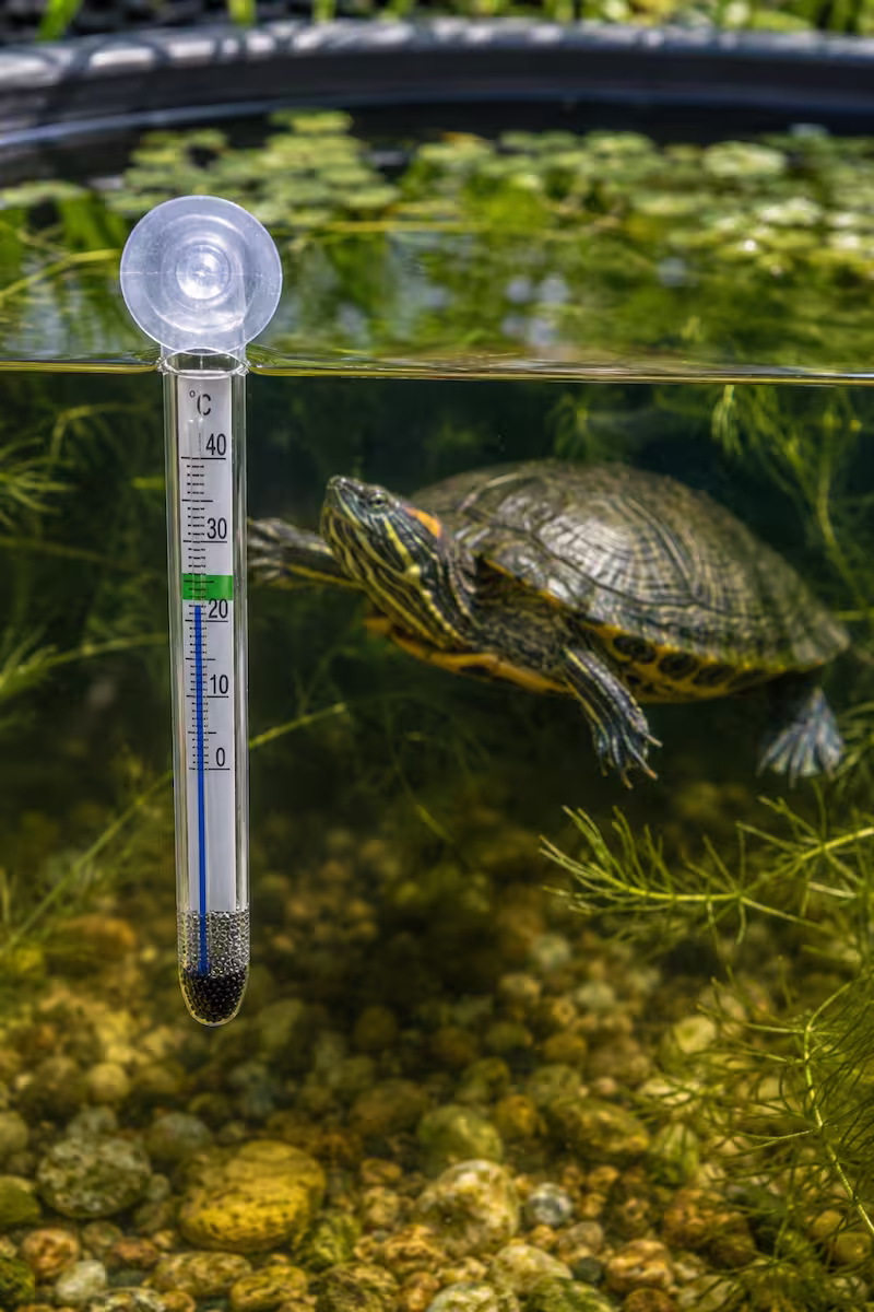 Thermometer im Wasser Thermometer im Wasser einer Outdoor-Wanne, Wasserschildkröte schwimmt im Hintergrund