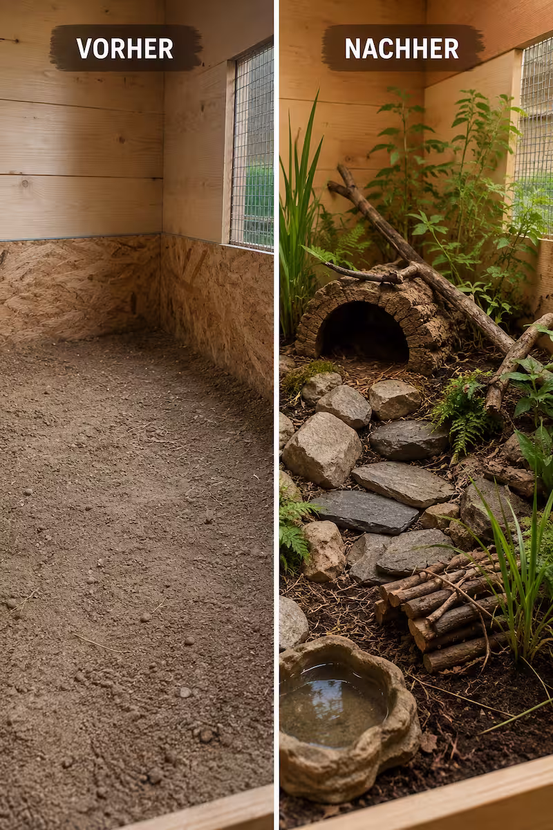 Vorher-Nachher-Szene einer Gehegeecke, links kahl, rechts mit Versteck, Steinen, Pflanzen und natürlicher Struktur