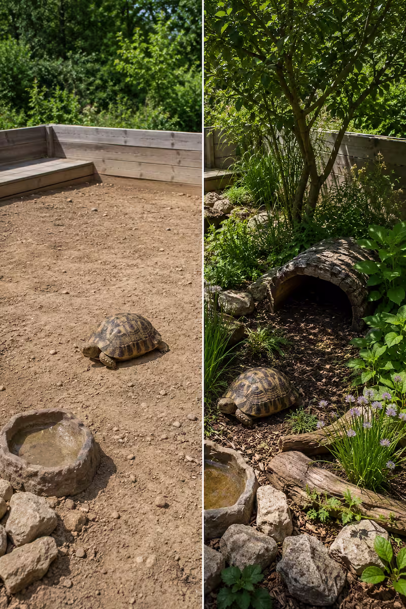 Vorher-Nachher-Szene eines Schildkrötengeheges, links offen und karg, rechts mit Pflanzen, Schatten und Versteck