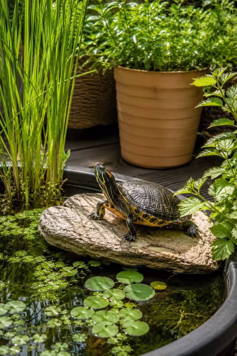 Wasserschildkröte auf trockenen Sonnenplatz Wasserschildkröte auf einem trockenen Sonnenplatz neben bepflanzter Outdoor-Wanne