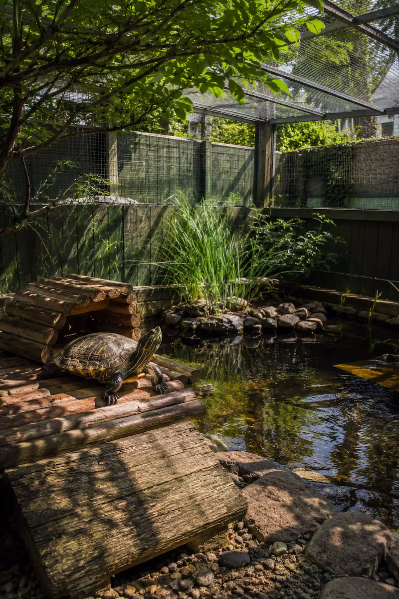 Wasserschildkröte in Outdoorbereich Wasserschildkröte in gesichertem Outdoorbereich mit Schatten und Wasserzone