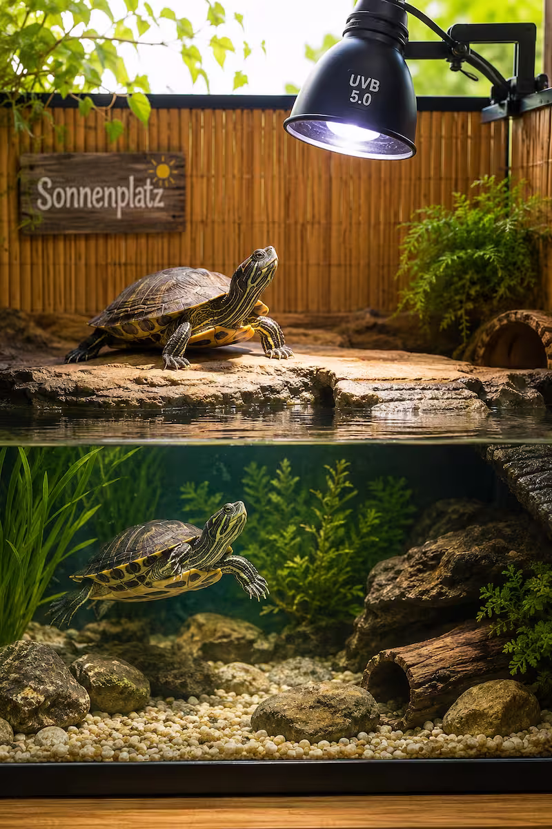 Wasserschildkröte in einem sommerlichen Aquarium mit Sonnenplatz und sichtbarer UV-Lampe