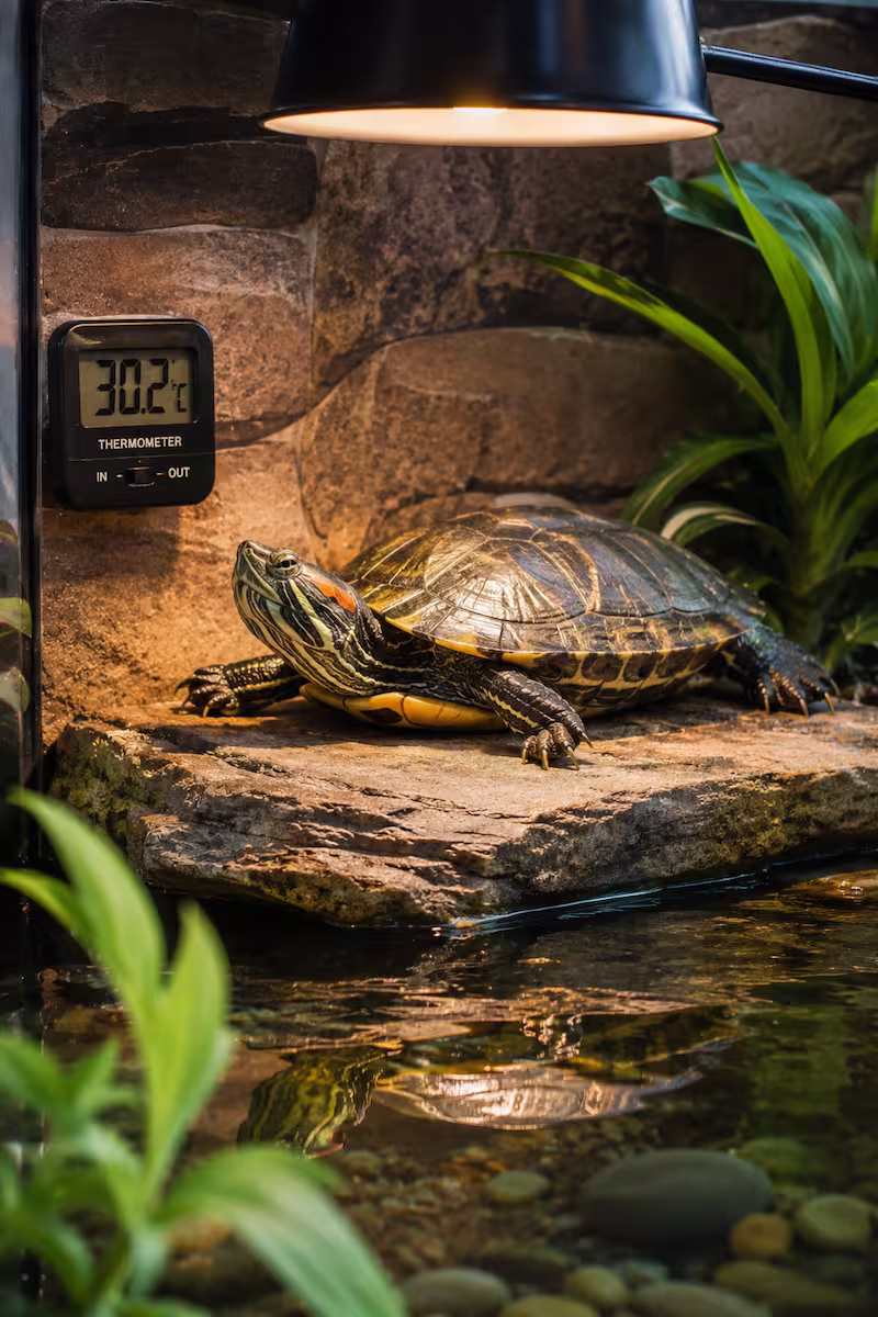 Wasserschildkröte liegt auf Landteil Wasserschildkröte liegt ruhig auf warmem Landteil, Thermometer sichtbar