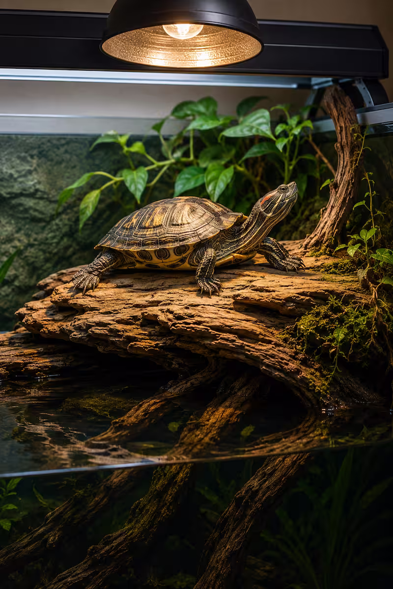 Wasserschildkröte trocknet sich vollständig unter einer UV-Lampe auf einem warmen Sonnenplatz