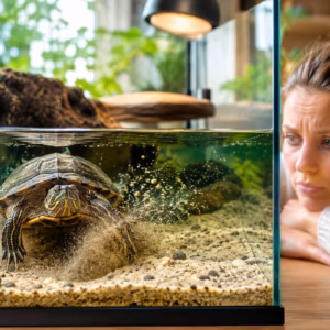 Wasserschildkröte unruhig im Aquarium: Die Schildkröte gräbt sichtbar im Bodengrund, während eine Halterin das Verhalten aufmerksam beobachtet. Natürlich eingerichtetes Schildkrötenbecken mit Landteil, Wärmelampe und freundlicher Wohnatmosphäre.