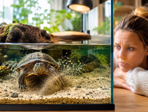 Wasserschildkröte unruhig im Aquarium: Die Schildkröte gräbt sichtbar im Bodengrund, während eine Halterin das Verhalten aufmerksam beobachtet. Natürlich eingerichtetes Schildkrötenbecken mit Landteil, Wärmelampe und freundlicher Wohnatmosphäre.