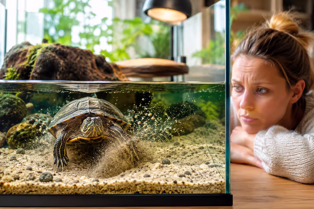 Wasserschildkröte unruhig im Aquarium: Die Schildkröte gräbt sichtbar im Bodengrund, während eine Halterin das Verhalten aufmerksam beobachtet. Natürlich eingerichtetes Schildkrötenbecken mit Landteil, Wärmelampe und freundlicher Wohnatmosphäre.