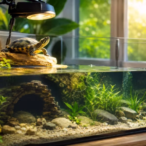 Wasserschildkröten Aquarium im Sommer mit klarem Wasser, natürlichem Sonnenplatz, UV-Lampe und schwimmender Wasserschildkröte in modern eingerichtetem Aquarium mit Pflanzen und Steinen