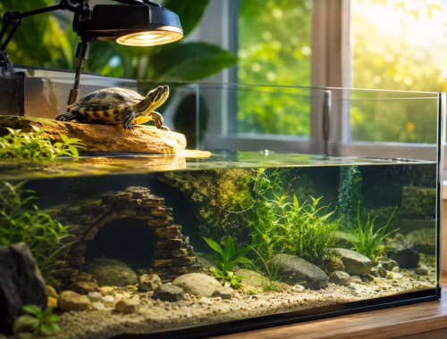 Warum dein Wasserschildkröten Aquarium im Sommer Probleme macht 27 Wasserschildkröten Aquarium im Sommer mit klarem Wasser, natürlichem Sonnenplatz, UV-Lampe und schwimmender Wasserschildkröte in modern eingerichtetem Aquarium mit Pflanzen und Steinen