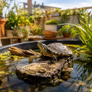 Wasserschildkröten draußen halten auf einer sonnigen Terrasse mit bepflanzter Teichwanne, natürlichem Sonnenplatz und Wasserpflanzen im Sommer