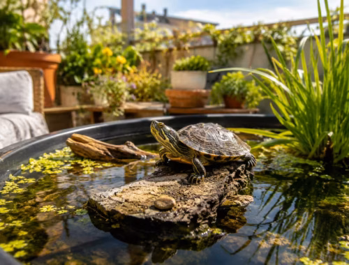 Wasserschildkröten draußen halten: Balkon oder Terrasse sinnvoll? 32 Wasserschildkröten draußen halten auf einer sonnigen Terrasse mit bepflanzter Teichwanne, natürlichem Sonnenplatz und Wasserpflanzen im Sommer