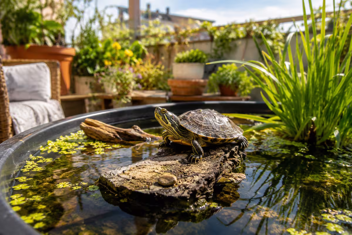 Wasserschildkröten draußen halten auf einer sonnigen Terrasse mit bepflanzter Teichwanne, natürlichem Sonnenplatz und Wasserpflanzen im Sommer