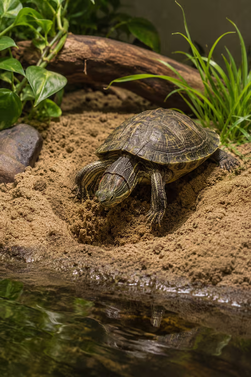 Weibliche Wasserschildkröte gräbt in lockerem Sand auf einem Landteil