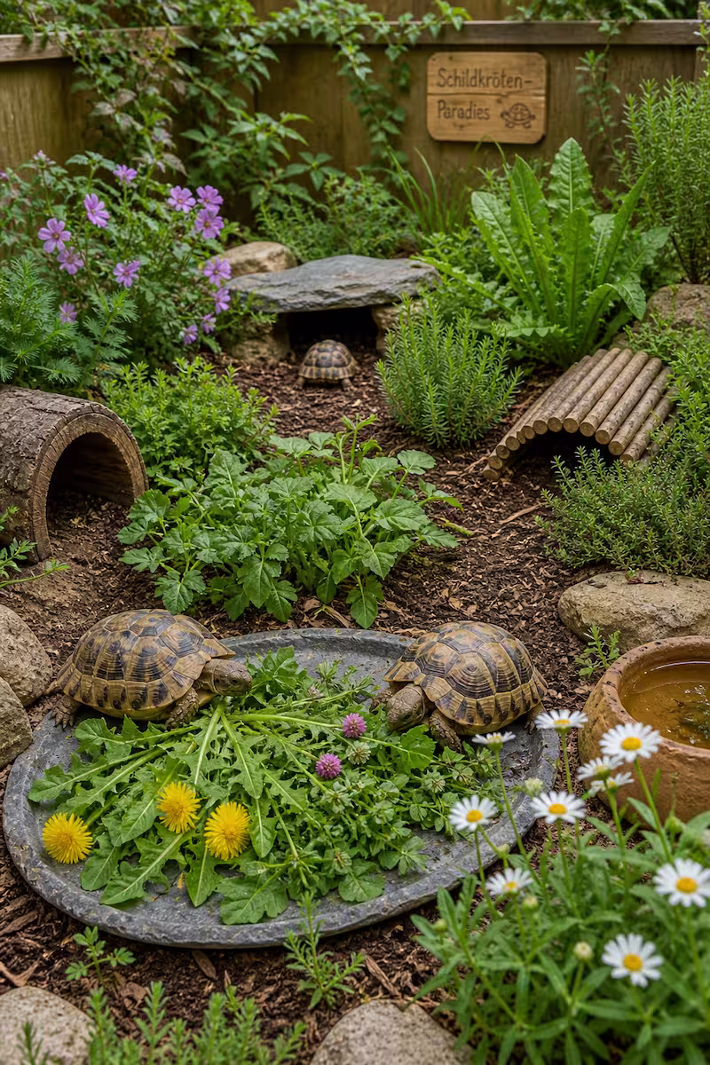 bepflanztes Schildkrötengehege mit verschiedenen Futterpflanzen