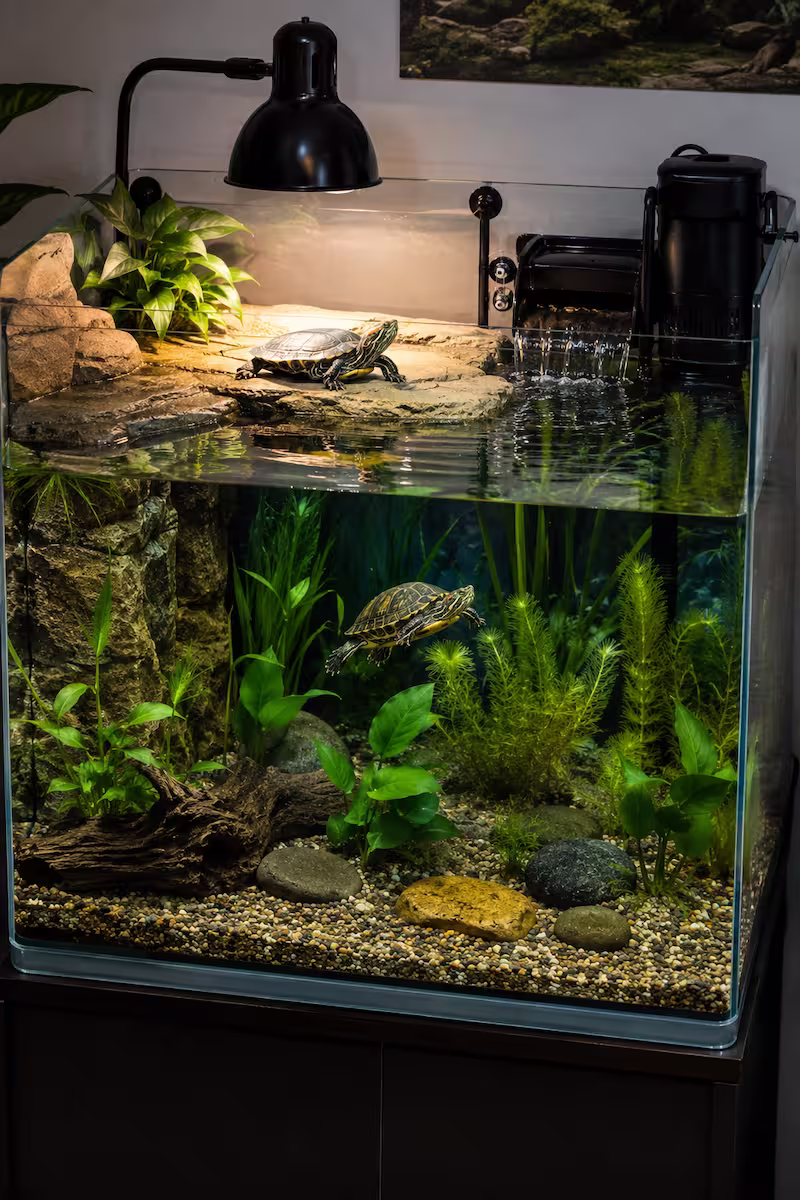 klares Schildkrötenbecken klares Schildkrötenbecken mit Filter, Wasserpflanzen und Landteil