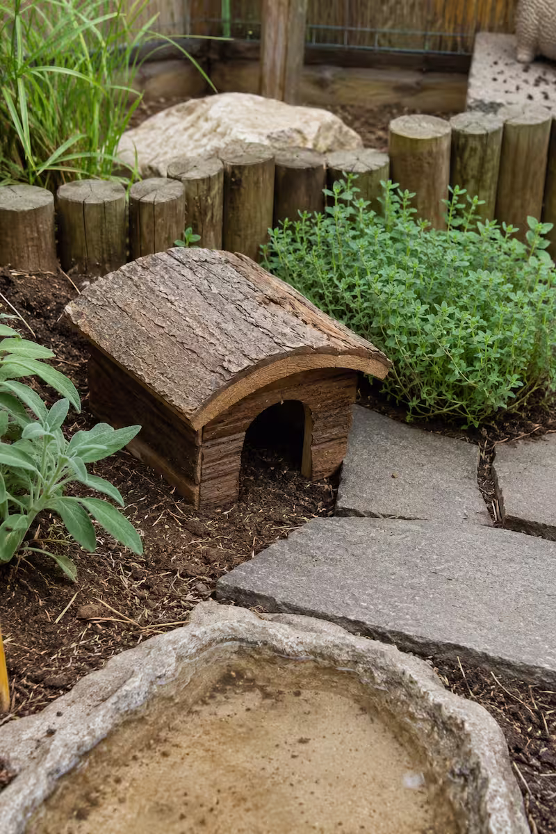 reale Szene, kleines Holzversteck im Schildkrötengehege, daneben Steinplatten, Kräuter, Erde und natürliche Begrenzung