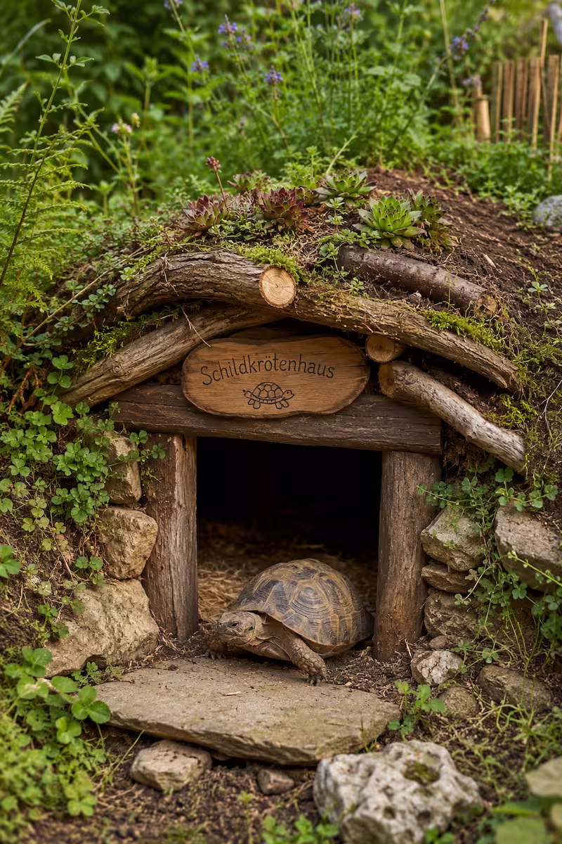 natürlich integriertes Schildkrötenhaus mit Holz, Erde, Pflanzen und einer Schildkröte am Eingang
